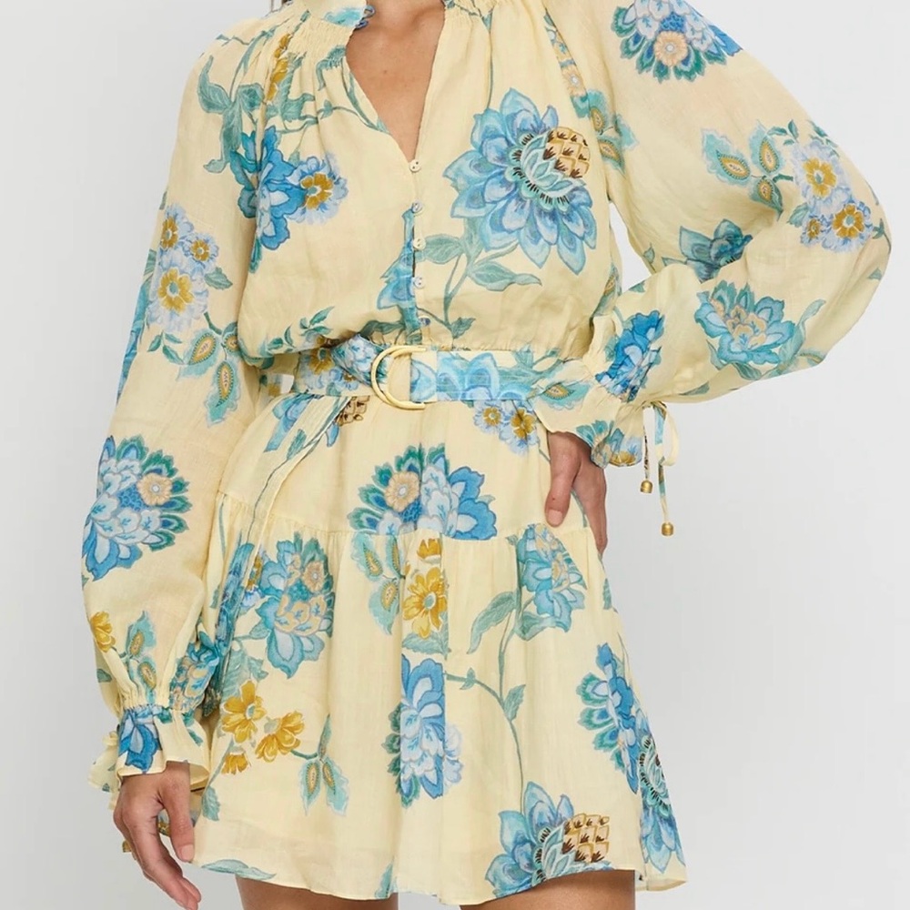 Kivari Yellow Floral Mini Dress with Blue and Green Print